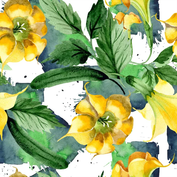 Acuarela Brugmansiya Flores Amarillas Flor Botánica Floral Patrón Fondo Sin —  Fotos de Stock