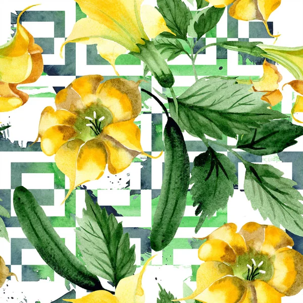 Sulu boya brugmansiya sarı çiçekler. Botanik çiçek. Sorunsuz arka plan deseni. Kumaş duvar kağıdı yazdırma doku. Arka plan, doku, sarıcı desen, çerçeve için Aquarelle kır çiçeği.