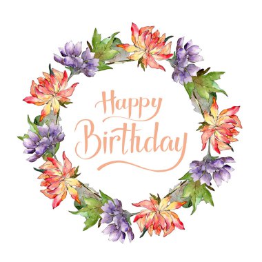 Sulu boya renkli aster çiçek. Botanik çiçek. Çerçeve kenarlığı süsleme Meydanı. Arka plan, doku, sarıcı desen, çerçeve veya kenarlık için Aquarelle kır çiçeği.