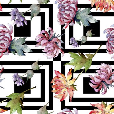 Sulu boya renkli aster çiçek. Botanik çiçek. Sorunsuz arka plan deseni. Kumaş duvar kağıdı yazdırma doku. Arka plan, doku, sarıcı desen, çerçeve veya kenarlık için Aquarelle kır çiçeği.