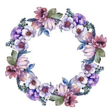 Sulu boya renkli buket çiçek. Botanik çiçek. Çerçeve kenarlığı süsleme Meydanı. Arka plan, doku, sarıcı desen, çerçeve veya kenarlık için Aquarelle kır çiçeği.