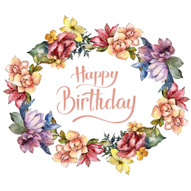 Sulu boya renkli buket çiçek. Botanik çiçek. Çerçeve kenarlığı süsleme Meydanı. Arka plan, doku, sarıcı desen, çerçeve veya kenarlık için Aquarelle kır çiçeği.