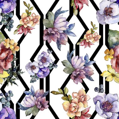 Sulu boya renkli buket çiçek. Botanik çiçek. Sorunsuz arka plan deseni. Kumaş duvar kağıdı yazdırma doku. Arka plan, doku, sarıcı desen, çerçeve için Aquarelle kır çiçeği.