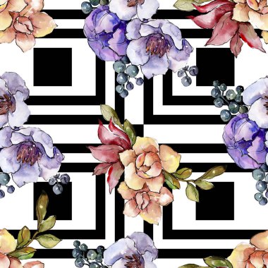 Sulu boya renkli buket çiçek. Botanik çiçek. Sorunsuz arka plan deseni. Kumaş duvar kağıdı yazdırma doku. Arka plan, doku, sarıcı desen, çerçeve için Aquarelle kır çiçeği.