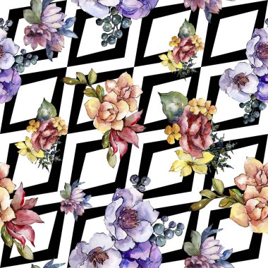 Sulu boya renkli buket çiçek. Botanik çiçek. Sorunsuz arka plan deseni. Kumaş duvar kağıdı yazdırma doku. Arka plan, doku, sarıcı desen, çerçeve için Aquarelle kır çiçeği.