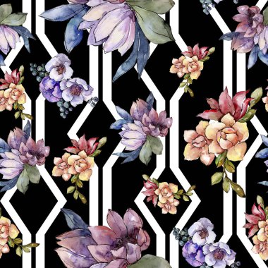 Sulu boya renkli buket çiçek. Botanik çiçek. Sorunsuz arka plan deseni. Kumaş duvar kağıdı yazdırma doku. Arka plan, doku, sarıcı desen, çerçeve için Aquarelle kır çiçeği.