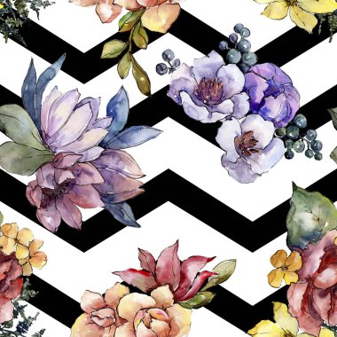 Sulu boya renkli buket çiçek. Botanik çiçek. Sorunsuz arka plan deseni. Kumaş duvar kağıdı yazdırma doku. Arka plan, doku, sarıcı desen, çerçeve için Aquarelle kır çiçeği.