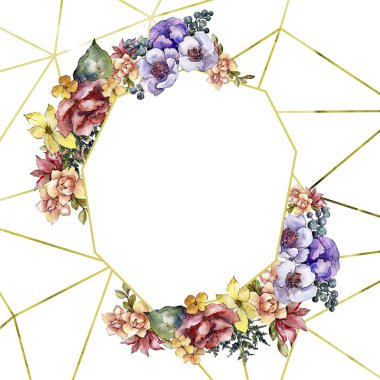 Sulu boya renkli buket çiçek. Botanik çiçek. Çerçeve kenarlığı süsleme Meydanı. Arka plan, doku, sarıcı desen, çerçeve veya kenarlık için Aquarelle kır çiçeği.