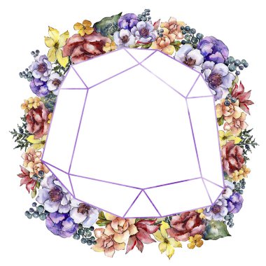 Sulu boya renkli buket çiçek. Botanik çiçek. Çerçeve kenarlığı süsleme Meydanı. Arka plan, doku, sarıcı desen, çerçeve veya kenarlık için Aquarelle kır çiçeği.