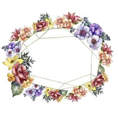 Sulu boya renkli buket çiçek. Botanik çiçek. Çerçeve kenarlığı süsleme Meydanı. Arka plan, doku, sarıcı desen, çerçeve veya kenarlık için Aquarelle kır çiçeği.