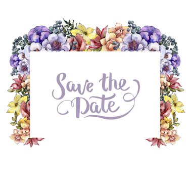 Sulu boya renkli buket çiçek. Botanik çiçek. Çerçeve kenarlığı süsleme Meydanı. Arka plan, doku, sarıcı desen, çerçeve veya kenarlık için Aquarelle kır çiçeği.