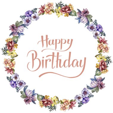 Sulu boya renkli buket çiçek. Botanik çiçek. Çerçeve kenarlığı süsleme Meydanı. Arka plan, doku, sarıcı desen, çerçeve veya kenarlık için Aquarelle kır çiçeği.