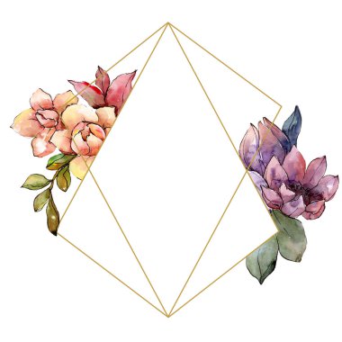 Sulu boya renkli buket çiçek. Botanik çiçek. Çerçeve kenarlığı süsleme Meydanı. Arka plan, doku, sarıcı desen, çerçeve veya kenarlık için Aquarelle kır çiçeği.