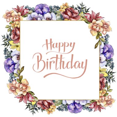 Sulu boya renkli buket çiçek. Botanik çiçek. Çerçeve kenarlığı süsleme Meydanı. Arka plan, doku, sarıcı desen, çerçeve veya kenarlık için Aquarelle kır çiçeği.