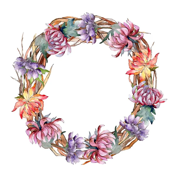 Watercolor Colorful Aster Flower Floral Botanical Flower Frame Border Ornament — Stock Photo, Image