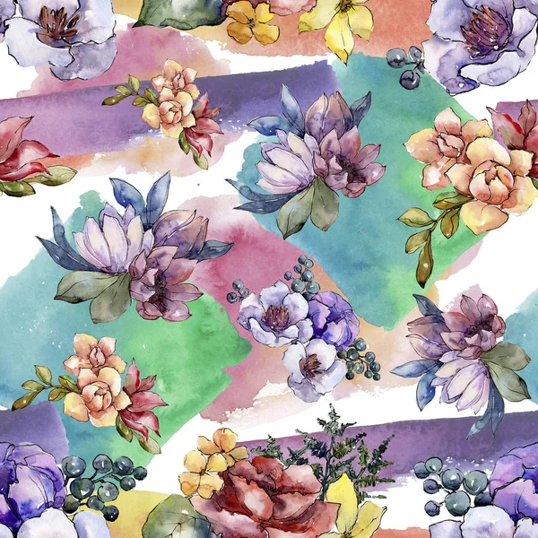 Květinový Akvarel Barevné Kytice Květinové Botanické Květin Vzor Bezešvé Pozadí — Stock fotografie