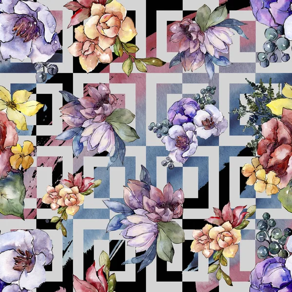 Watercolor Colorful Bouquet Flower Floral Botanical Flower Seamless Background Pattern — Stock Photo, Image