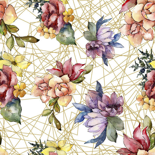 Watercolor colorful bouquet flower. Floral botanical flower. Seamless background pattern. Fabric wallpaper print texture. Aquarelle wildflower for background, texture, wrapper pattern, frame.