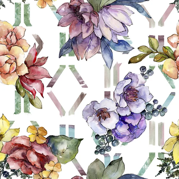 Sulu Boya Renkli Buket Çiçek Botanik Çiçek Sorunsuz Arka Plan — Stok fotoğraf