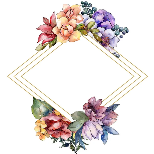 Sulu boya renkli buket çiçek. Botanik çiçek. Çerçeve kenarlığı süsleme Meydanı. Arka plan, doku, sarıcı desen, çerçeve veya kenarlık için Aquarelle kır çiçeği.