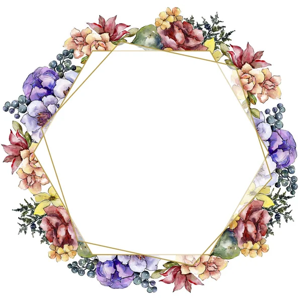 Sulu boya renkli buket çiçek. Botanik çiçek. Çerçeve kenarlığı süsleme Meydanı. Arka plan, doku, sarıcı desen, çerçeve veya kenarlık için Aquarelle kır çiçeği.