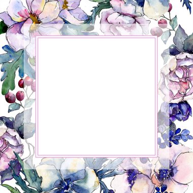Sulu boya renkli buket çiçek. Botanik çiçek. Çerçeve kenarlığı süsleme Meydanı. Arka plan, doku, sarıcı desen, çerçeve veya kenarlık için Aquarelle kır çiçeği.