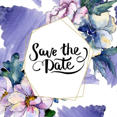 Sulu boya renkli buket çiçek. Botanik çiçek. Çerçeve kenarlığı süsleme Meydanı. Arka plan, doku, sarıcı desen, çerçeve veya kenarlık için Aquarelle kır çiçeği.