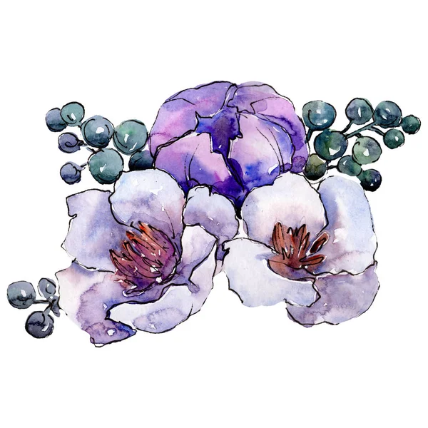 Acquerello Viola Bouquet Fiore Fiore Botanico Floreale Elemento Illustrazione Isolato — Foto Stock