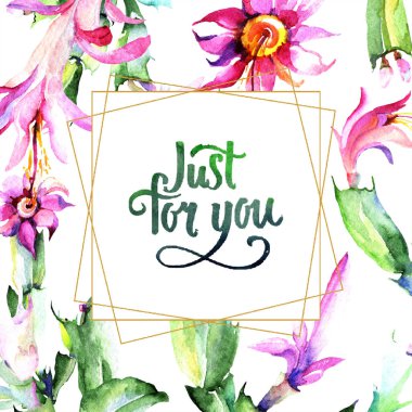 Sulu boya pembe kaktüsler çiçek. Botanik çiçek. Çerçeve kenarlığı süsleme Meydanı. Arka plan, doku, sarıcı desen, çerçeve veya kenarlık için Aquarelle kır çiçeği.