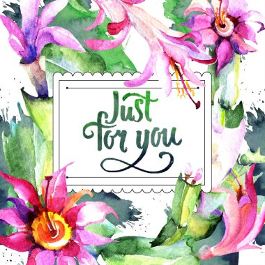 Sulu boya pembe kaktüsler çiçek. Botanik çiçek. Çerçeve kenarlığı süsleme Meydanı. Arka plan, doku, sarıcı desen, çerçeve veya kenarlık için Aquarelle kır çiçeği.