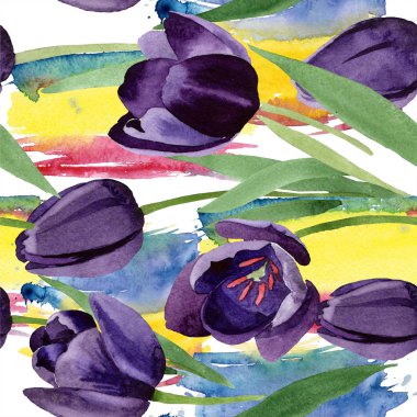 Suluboya Siyah Lale çiçek. Botanik çiçek. Sorunsuz arka plan deseni. Kumaş duvar kağıdı yazdırma doku. Arka plan, doku, sarıcı desen, çerçeve veya kenarlık için Aquarelle kır çiçeği.