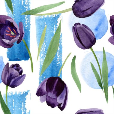 Suluboya Siyah Lale çiçek. Botanik çiçek. Sorunsuz arka plan deseni. Kumaş duvar kağıdı yazdırma doku. Arka plan, doku, sarıcı desen, çerçeve veya kenarlık için Aquarelle kır çiçeği.