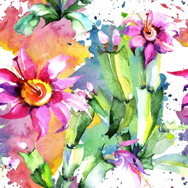 Akvarell Rózsaszín Kaktusz Virág Virágos Botanikai Virág Varratmentes Háttérben Minta — Stock Fotó