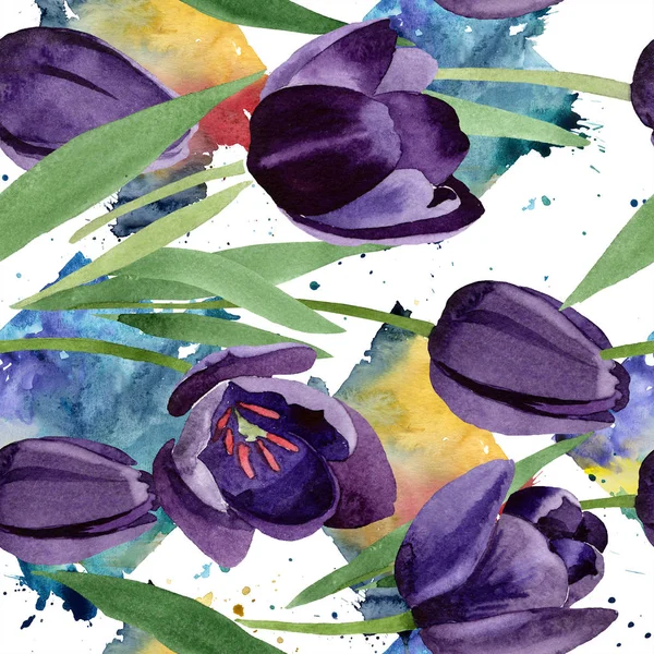 Akvarell Fekete Tulipán Virág Virágos Botanikai Virág Varratmentes Háttérben Minta — Stock Fotó