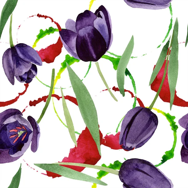 Watercolor Black Tulips Flower Floral Botanical Flower Seamless Background Pattern — Stock Photo, Image