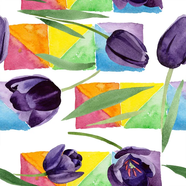 Suluboya Siyah Lale çiçek. Botanik çiçek. Sorunsuz arka plan deseni. Kumaş duvar kağıdı yazdırma doku. Arka plan, doku, sarıcı desen, çerçeve veya kenarlık için Aquarelle kır çiçeği.