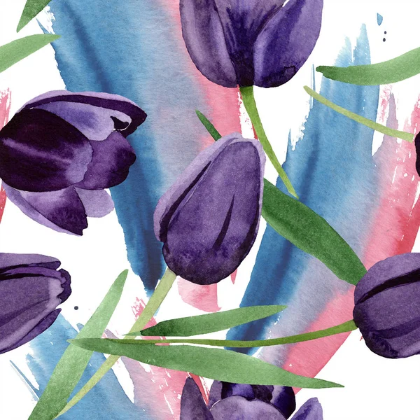 Aquarell Schwarze Tulpen Blühen Blütenbotanische Blume Nahtlose Hintergrundmuster Textur Für — Stockfoto