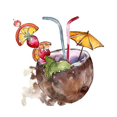 Gece kulübü izole simgesi kroki çizim. Tropikal kokteyl. Aquarelle kokteyl içki resimde arka plan, doku, sarıcı desen, çerçeve veya kenarlık için.