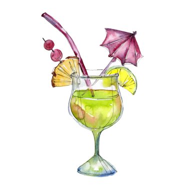 Gece kulübü izole simgesi kroki çizim. Tropikal kokteyl. Aquarelle kokteyl içki resimde arka plan, doku, sarıcı desen, çerçeve veya kenarlık için.