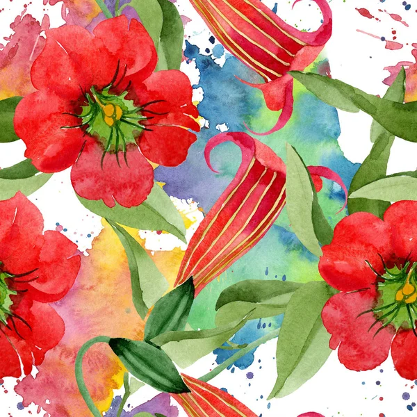 Akvarell Röd Brugmansia Blomma Blommig Botaniska Blomma Sömlös Bakgrundsmönster Tyg — Stockfoto