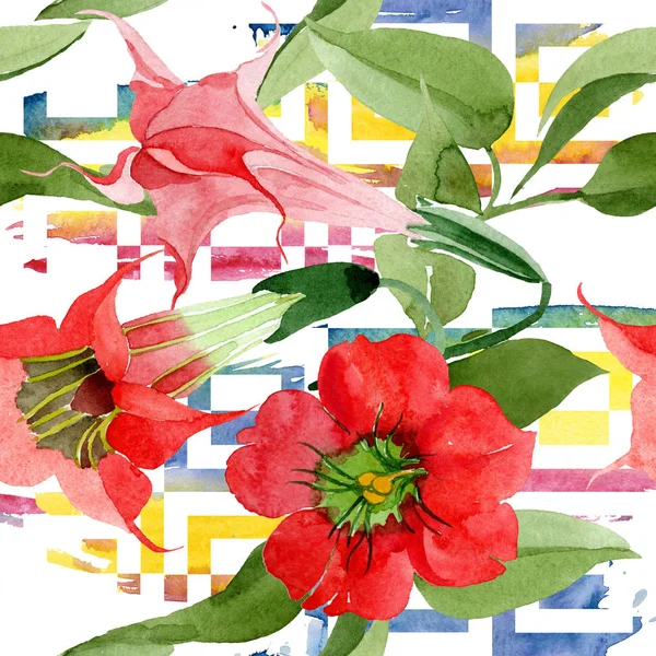 水彩红色曼陀罗花 花卉植物花卉 无缝的背景模式 织物壁纸打印纹理 水彩画野花用于背景 包装图案 框架或边框 — 图库照片