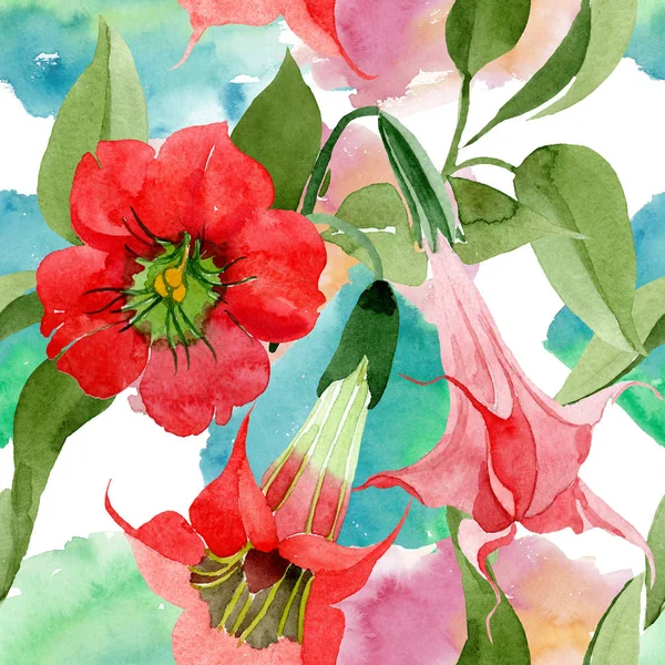 Ακουαρέλα Brugmansia Κόκκινο Λουλούδι Floral Βοτανικό Λουλούδι Απρόσκοπτη Υπόβαθρο Μοτίβο — Φωτογραφία Αρχείου