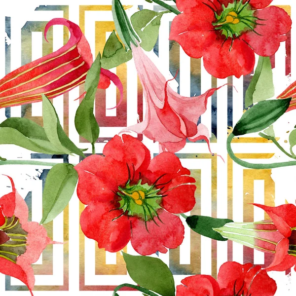 Suluboya Kırmızı Brugmansia Çiçek Botanik Çiçek Sorunsuz Arka Plan Deseni — Stok fotoğraf