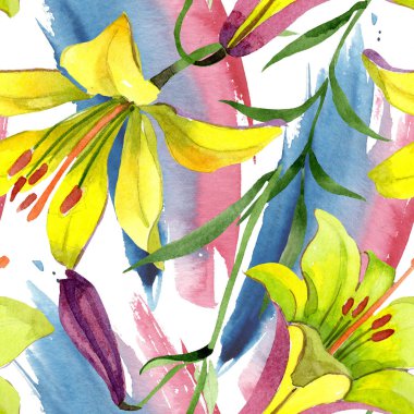 Suluboya sarı zambak çiçeği. Botanik çiçek. Sorunsuz arka plan deseni. Kumaş duvar kağıdı yazdırma doku. Arka plan, doku, sarıcı desen, çerçeve veya kenarlık için Aquarelle kır çiçeği.