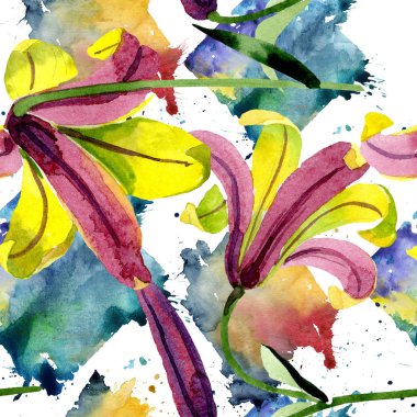 Suluboya sarı zambak çiçeği. Botanik çiçek. Sorunsuz arka plan deseni. Kumaş duvar kağıdı yazdırma doku. Arka plan, doku, sarıcı desen, çerçeve veya kenarlık için Aquarelle kır çiçeği.