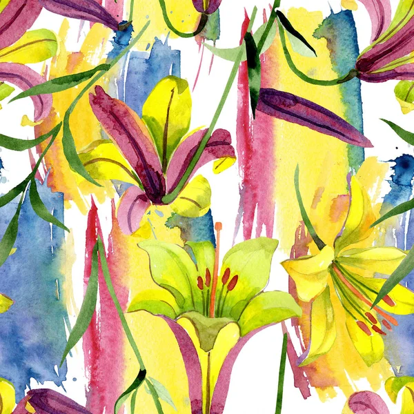 Акварельный Желтый Цветок Лилии Цветочный Ботанический Цветок Бесшовный Рисунок Фона — стоковое фото