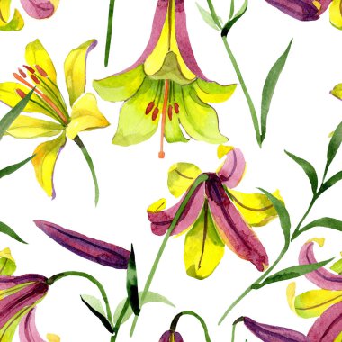 Suluboya sarı zambak çiçeği. Botanik çiçek. Sorunsuz arka plan deseni. Kumaş duvar kağıdı yazdırma doku. Arka plan, doku, sarıcı desen, çerçeve veya kenarlık için Aquarelle kır çiçeği.