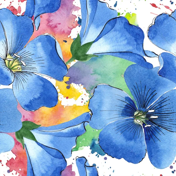 Suluboya mavi keten çiçek. Botanik çiçek. Sorunsuz arka plan deseni. Kumaş duvar kağıdı yazdırma doku. Arka plan, doku, sarıcı desen, çerçeve veya kenarlık için Aquarelle kır çiçeği.