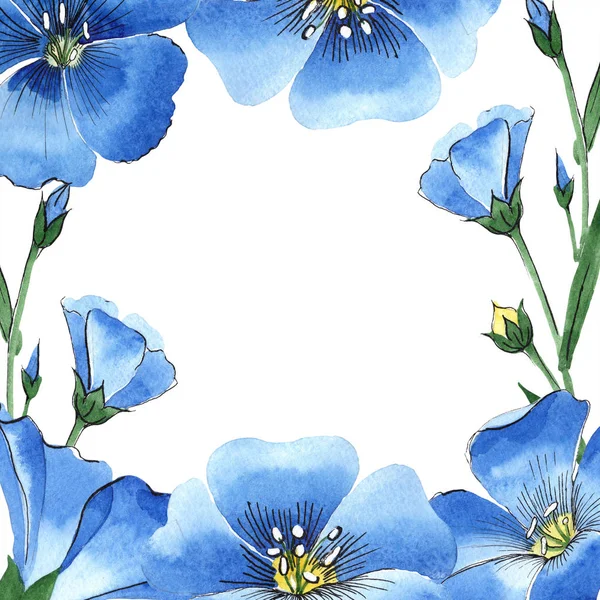 水彩の青い亜麻の花 花植物の花 フレーム枠飾りスクエア テクスチャ ラッパー パターン フレームや境界線の Aquarelle ワイルドフラワー — ストック写真