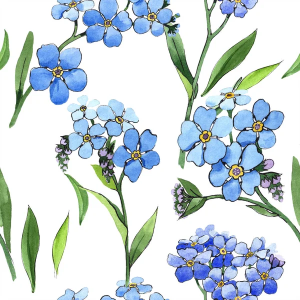 水彩蓝色忘了我 不是花 花卉植物花卉 无缝的背景模式 织物壁纸打印纹理 水彩画野花背景 包装图案 — 图库照片